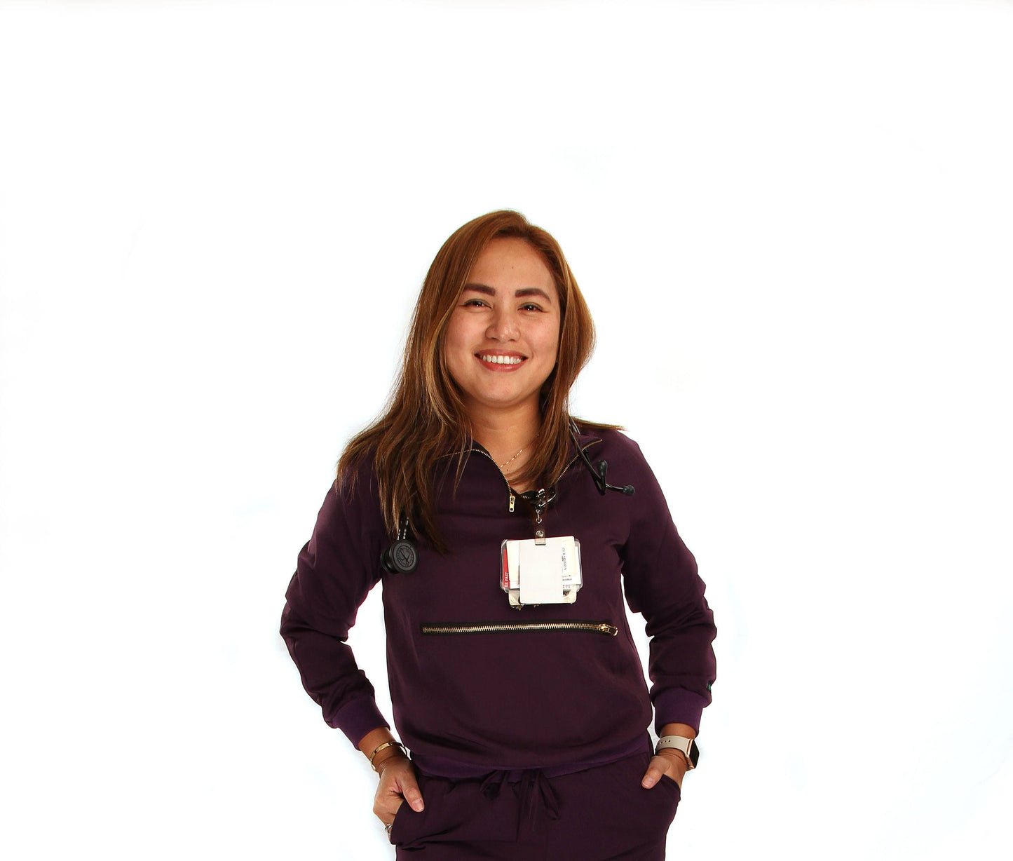 Women’s Long Sleeve Scrub Top With Front Zipper Pocket