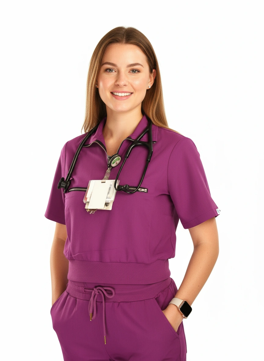 Levia Women’s Short Sleeve Scrub Top With Front Zipper Pocket